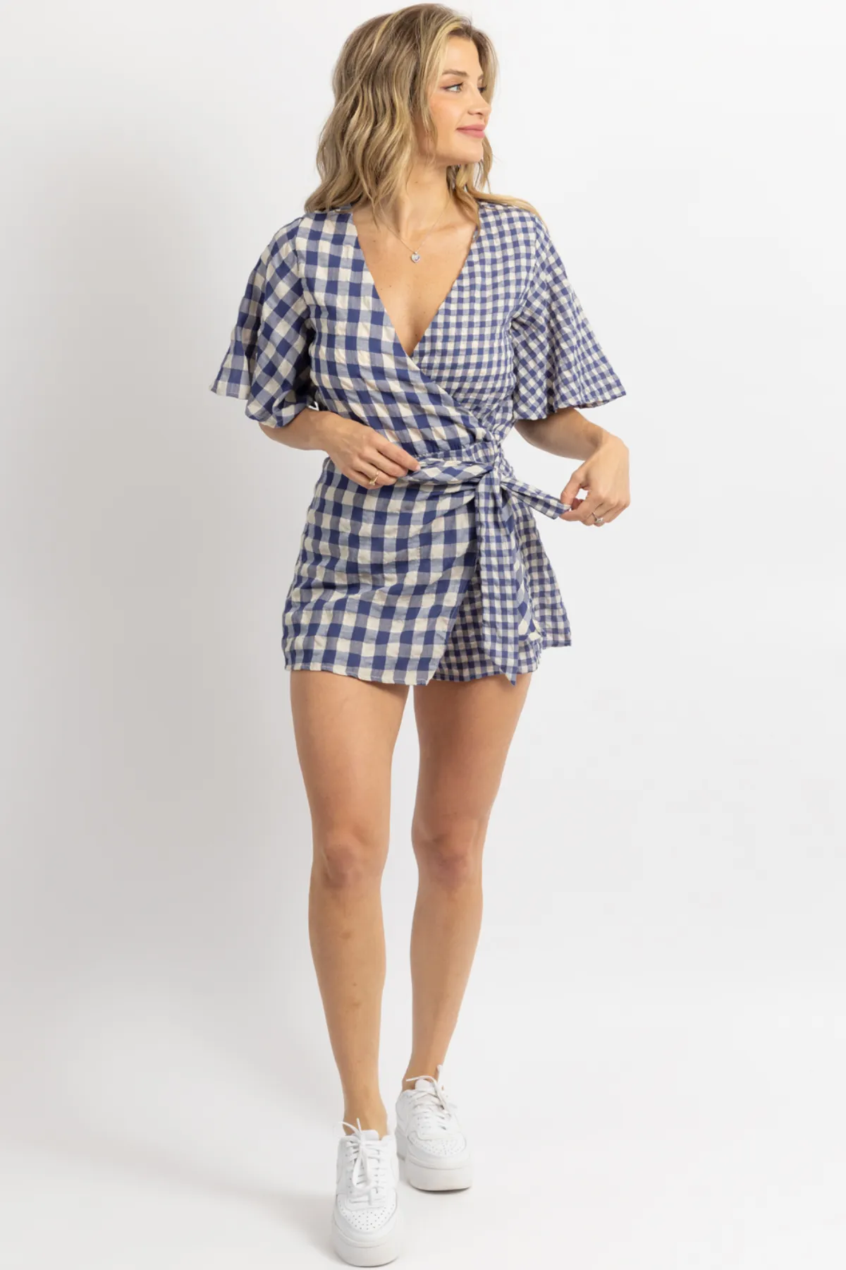 NAVY   NATURAL GINGHAM WRAP ROMPER