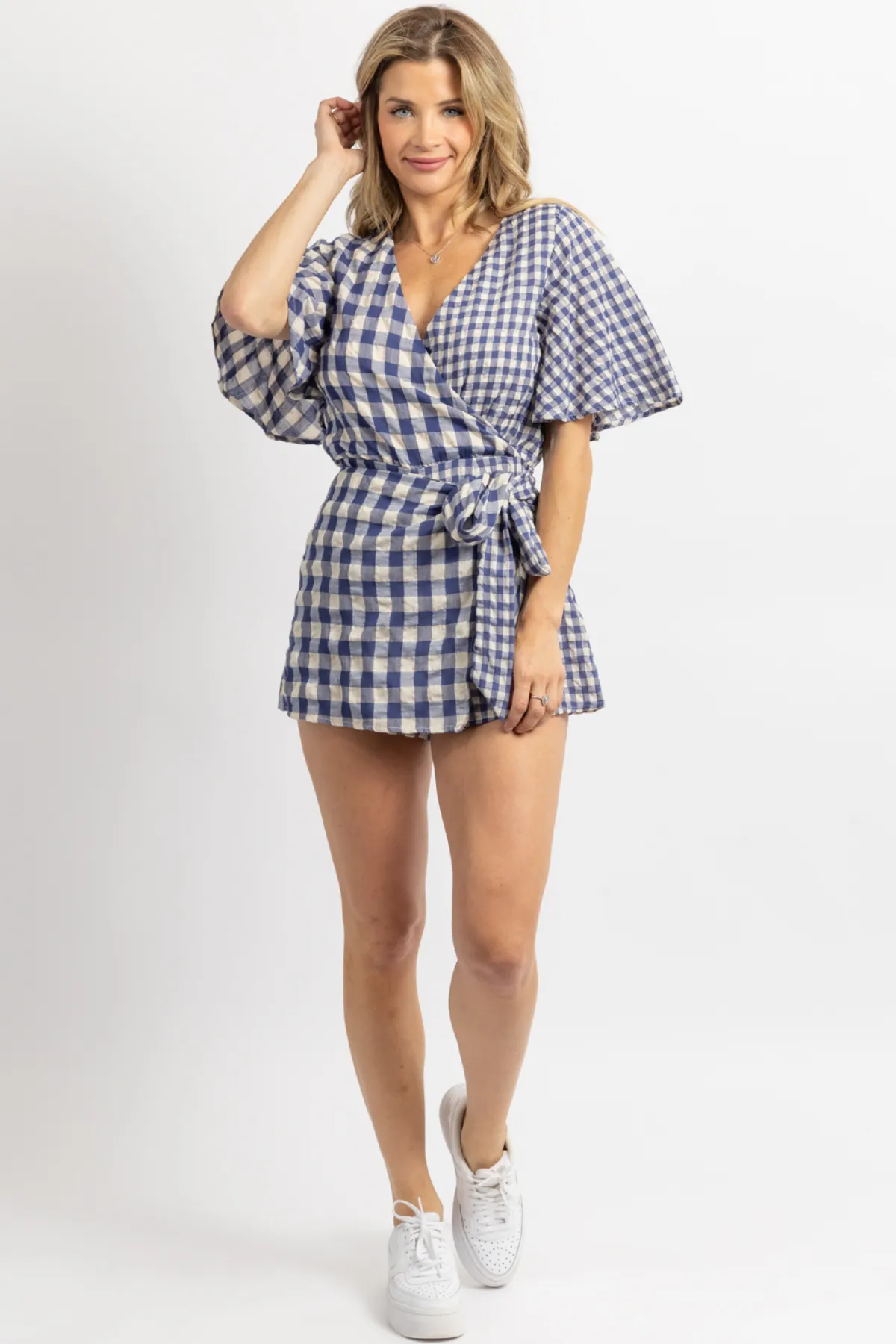 NAVY   NATURAL GINGHAM WRAP ROMPER