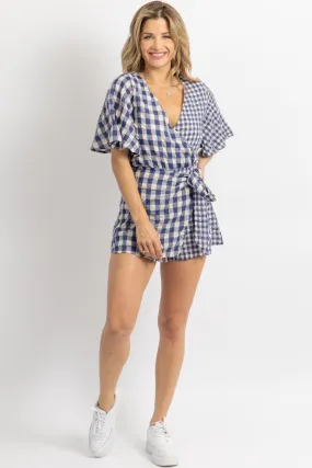 NAVY   NATURAL GINGHAM WRAP ROMPER