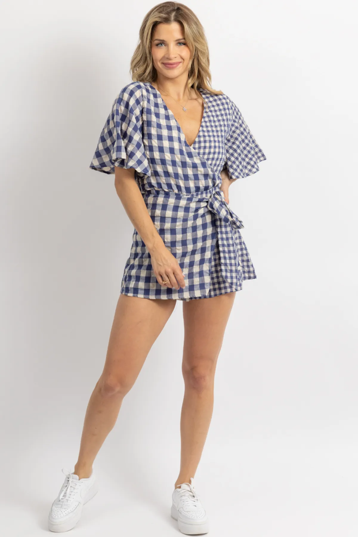 NAVY   NATURAL GINGHAM WRAP ROMPER