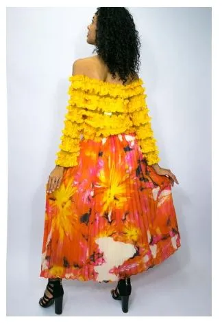 Orange Print Pleated Skirt