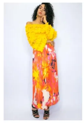 Orange Print Pleated Skirt