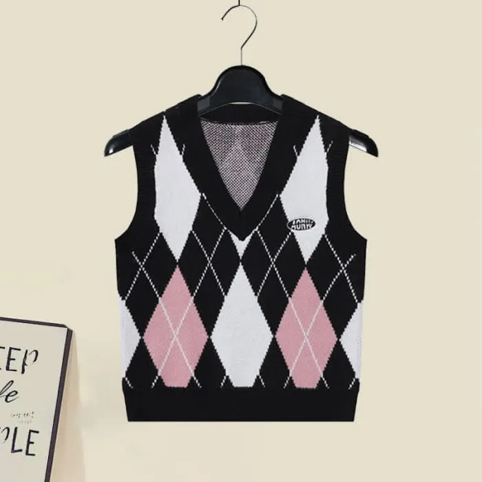 Pink Rhombus Print Vest Long Sleeve Shirt Pleated Skirt