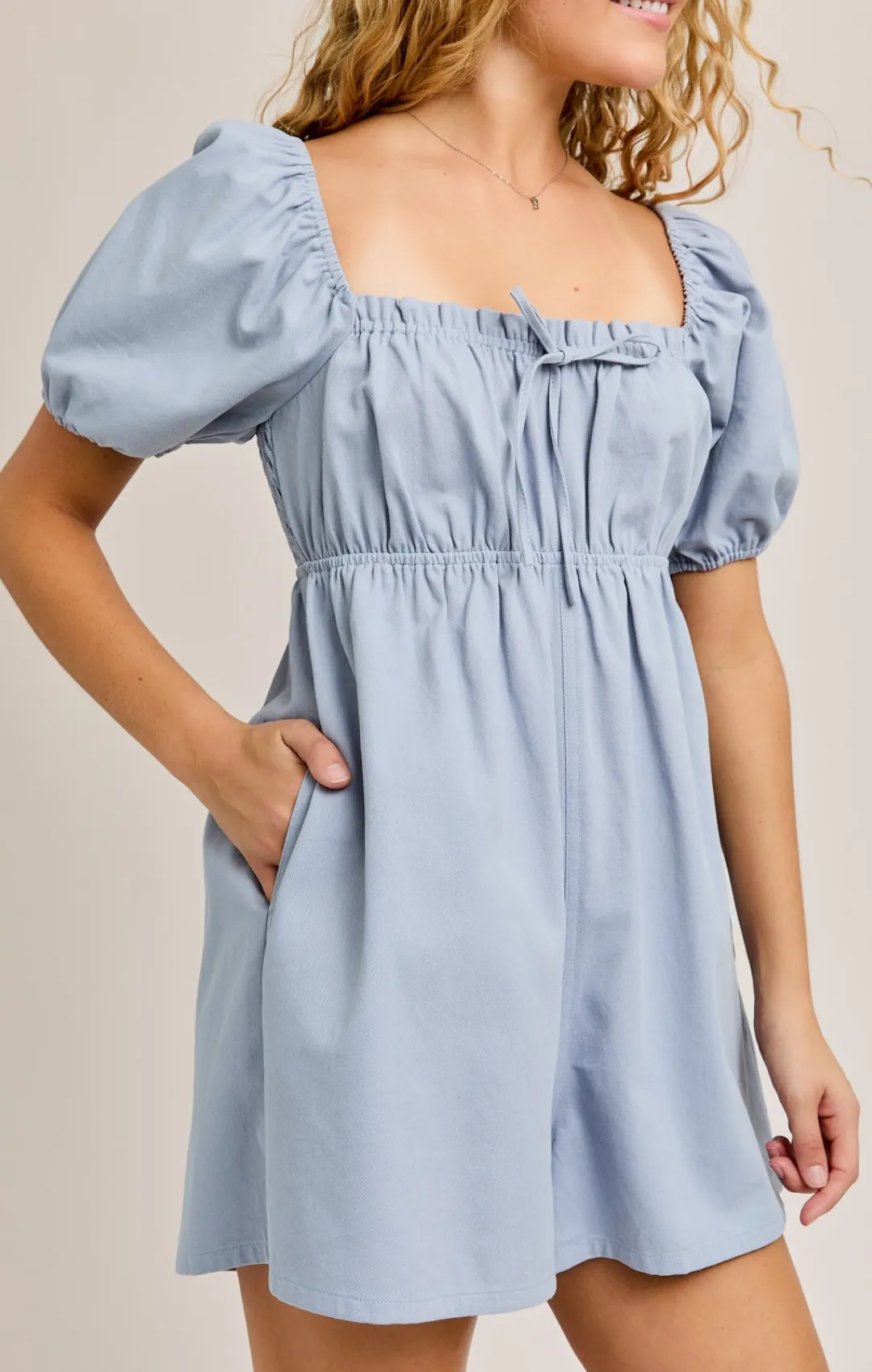 Puff Sleeve Babydoll Denim Romper