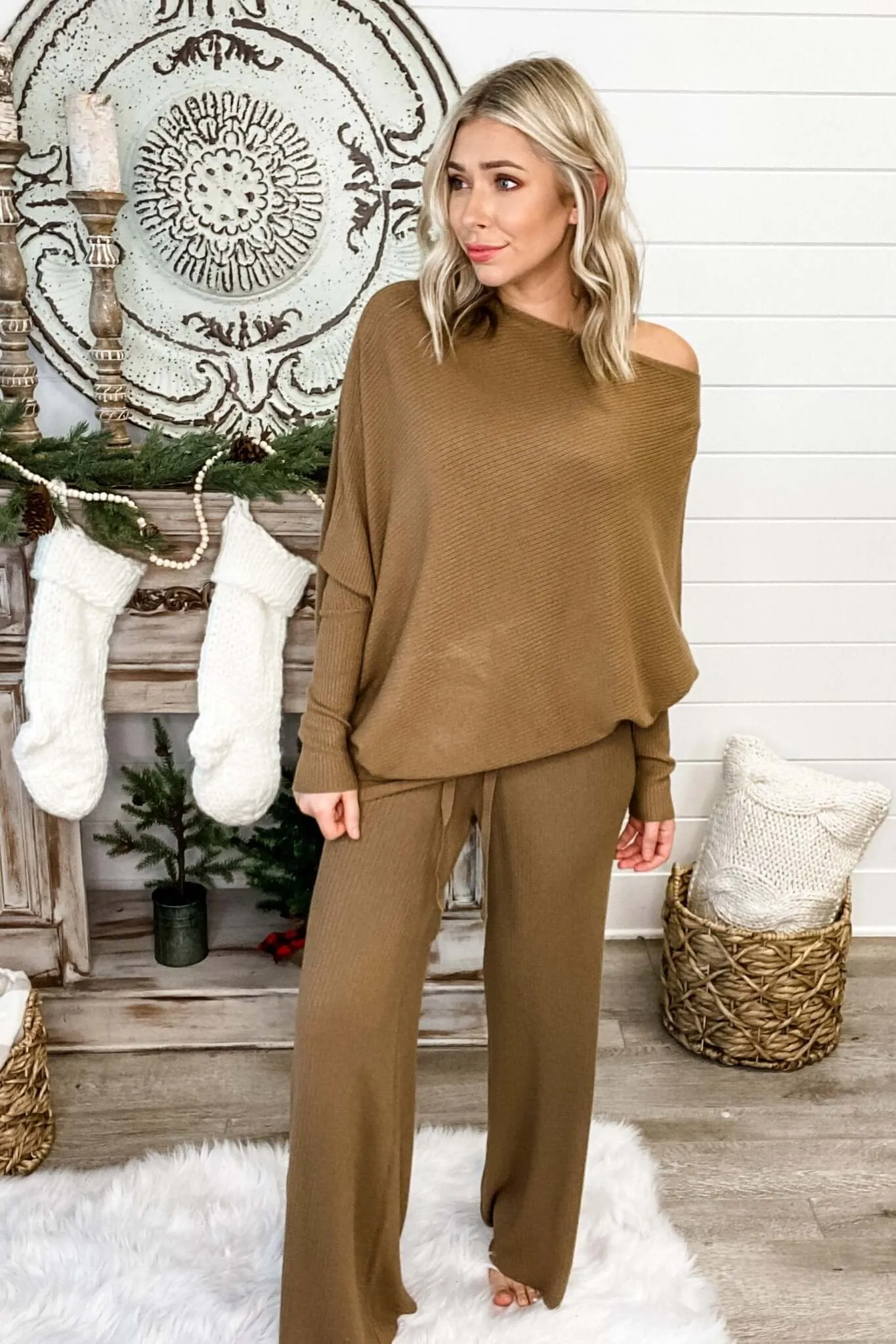 Ribbed High Waist Camel Pants