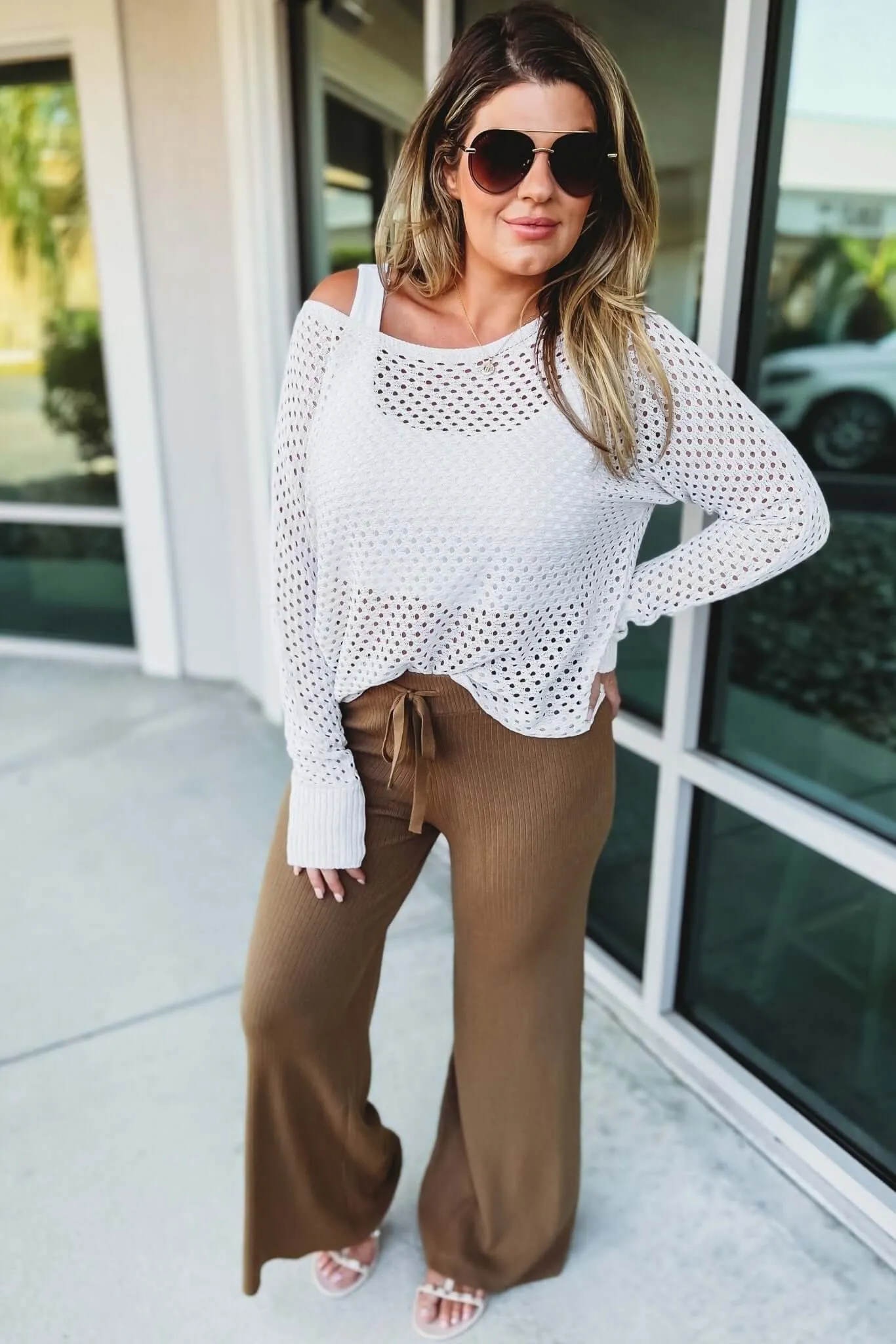 Ribbed High Waist Camel Pants
