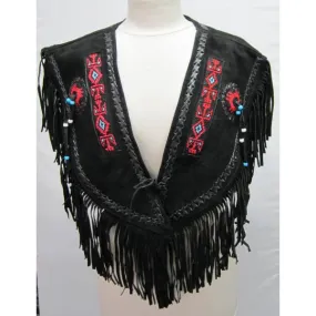SHAWNEE SUDE PONCHO TOP Indian Western Fringe Beaded Leather ER223