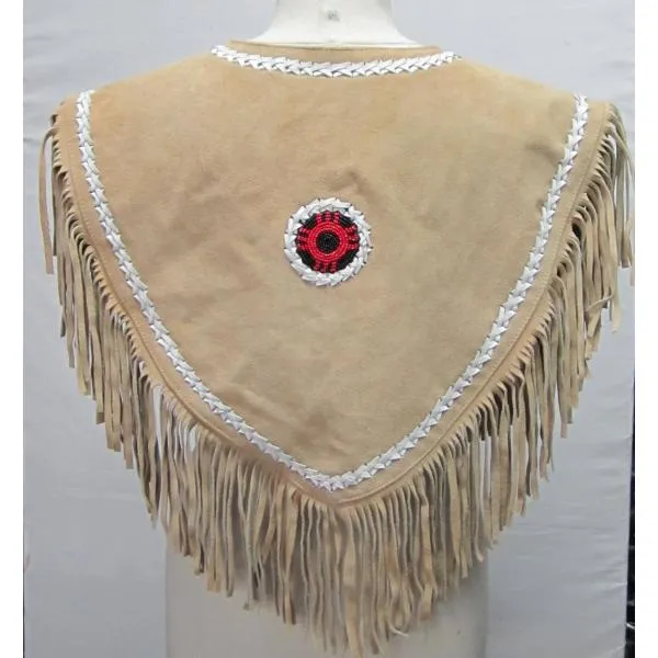 SHAWNEE SUDE PONCHO TOP Indian Western Fringe Beaded Leather ER223