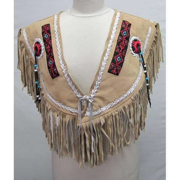 SHAWNEE SUDE PONCHO TOP Indian Western Fringe Beaded Leather ER223