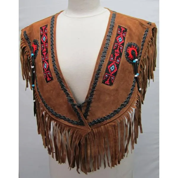 SHAWNEE SUDE PONCHO TOP Indian Western Fringe Beaded Leather ER223