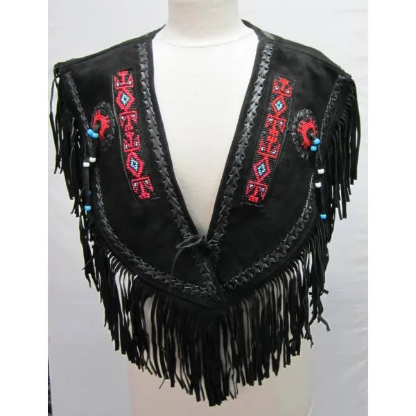 SHAWNEE SUDE PONCHO TOP Indian Western Fringe Beaded Leather ER223