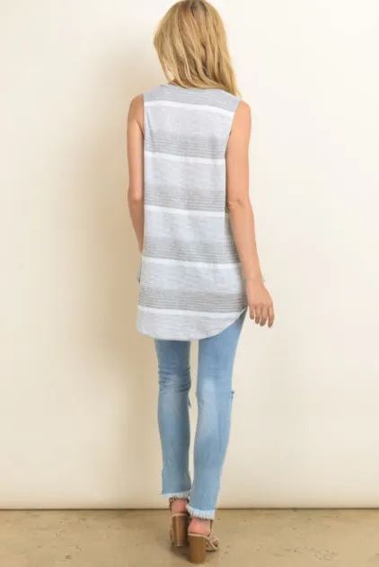Striped Sleeveless Top V-neck Tunic Length