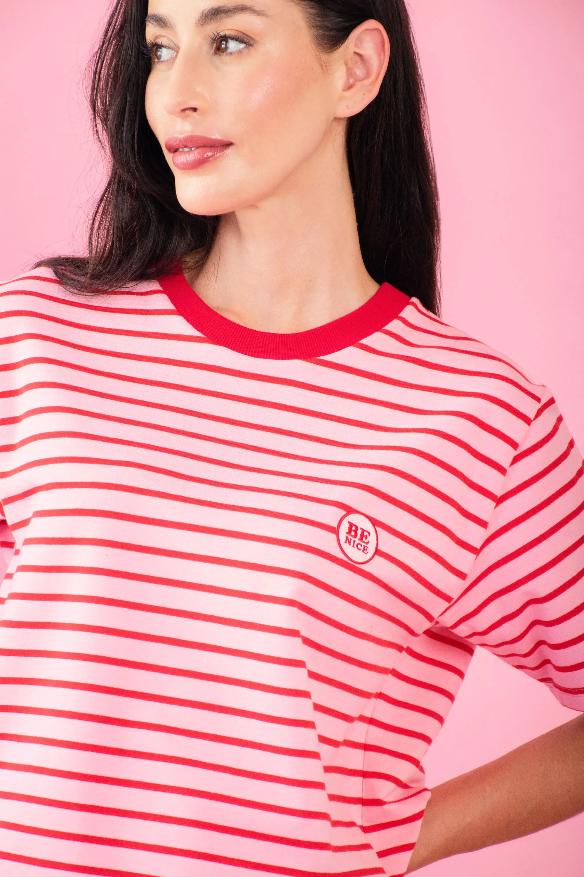 Striped Tee with Embroidered Be Nice