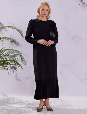 Stylish Dress with Bead Tassels Black