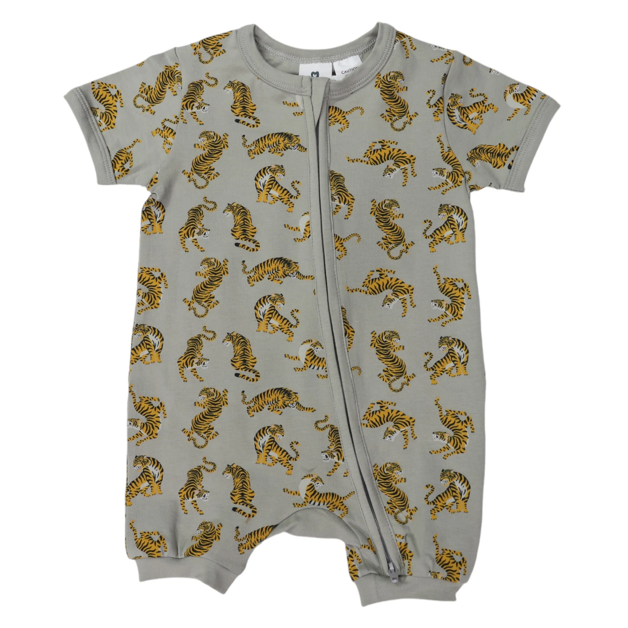 Tiger Print Short Sleeve Zip Romper Green