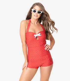 Unique Vintage Red & White Pin Dot Boy Short Pismo Romper Swimsuit