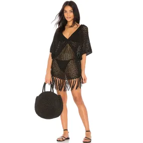V Neck Knitted Pringe Poncho #Black #V Neck #Tassel #Fringe Trim