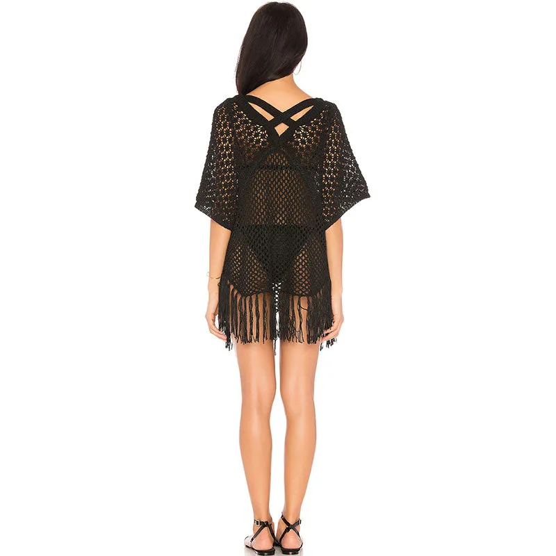 V Neck Knitted Pringe Poncho #Black #V Neck #Tassel #Fringe Trim