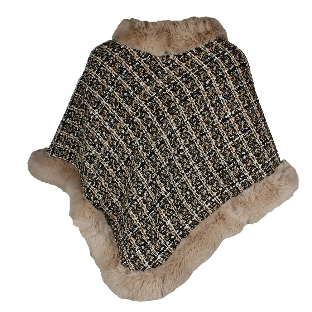 Very Moda Women's Tweed Pattern V Shaped Faux Fur Trim Poncho No Size