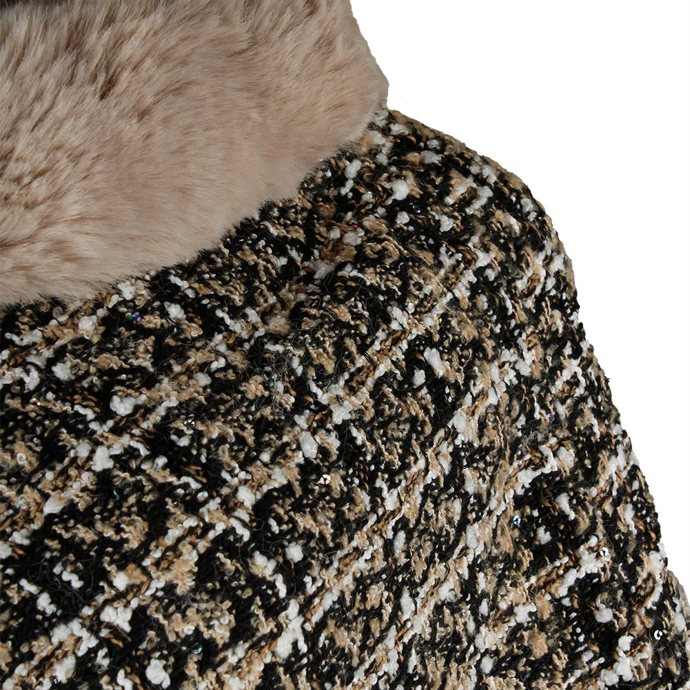 Very Moda Women's Tweed Pattern V Shaped Faux Fur Trim Poncho No Size