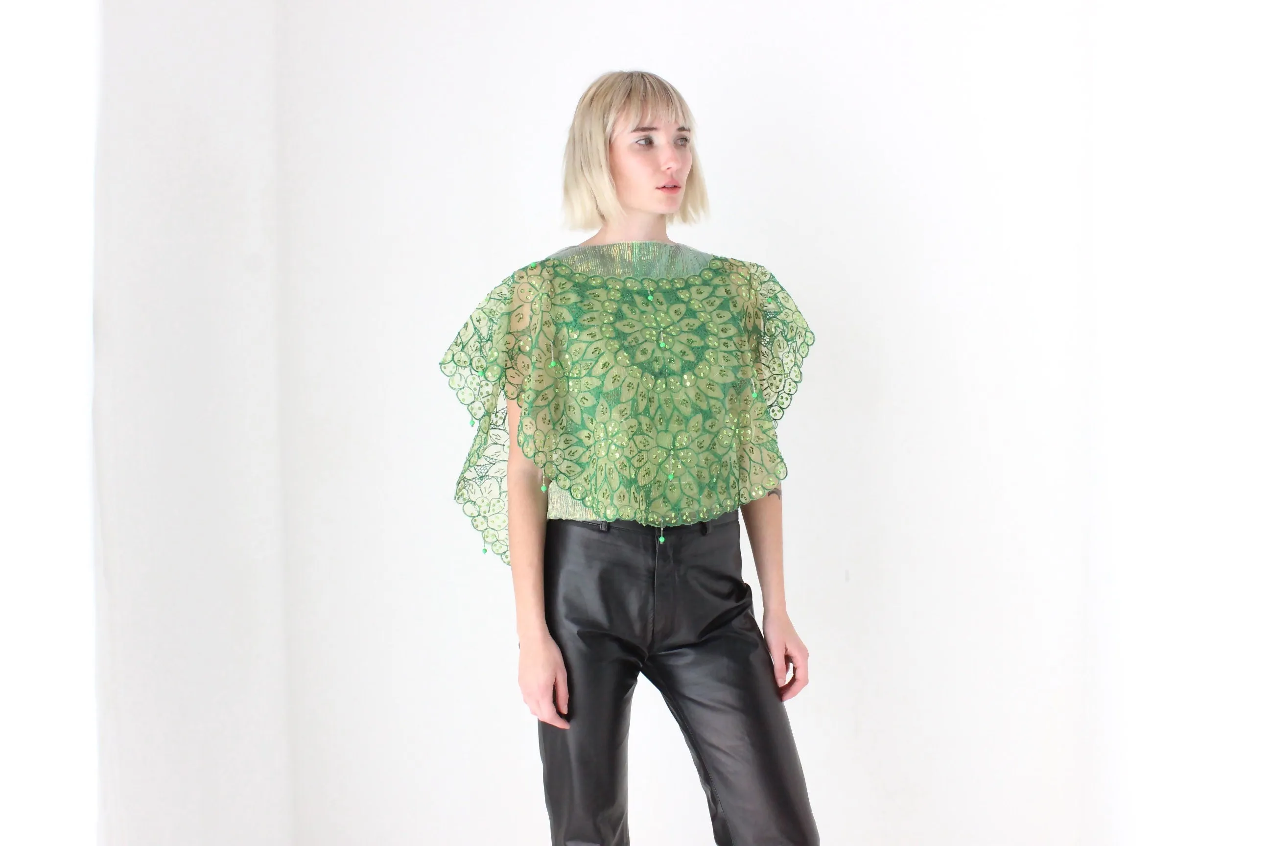Vintage Mesh Organza Glam Disco Cape/Collar/Poncho Top