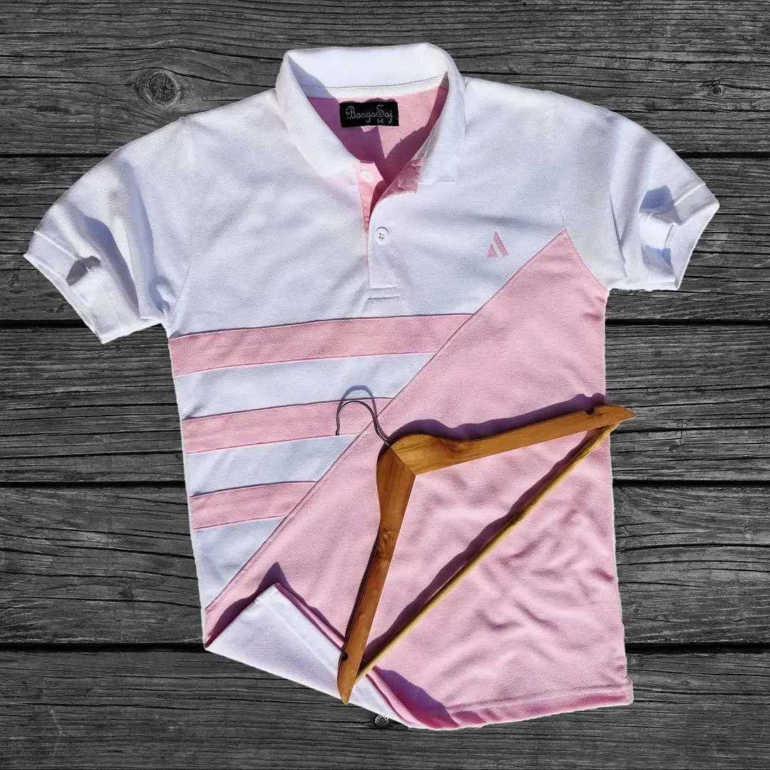 White & Rose Pink 3-Stripe Polo T-Shirt