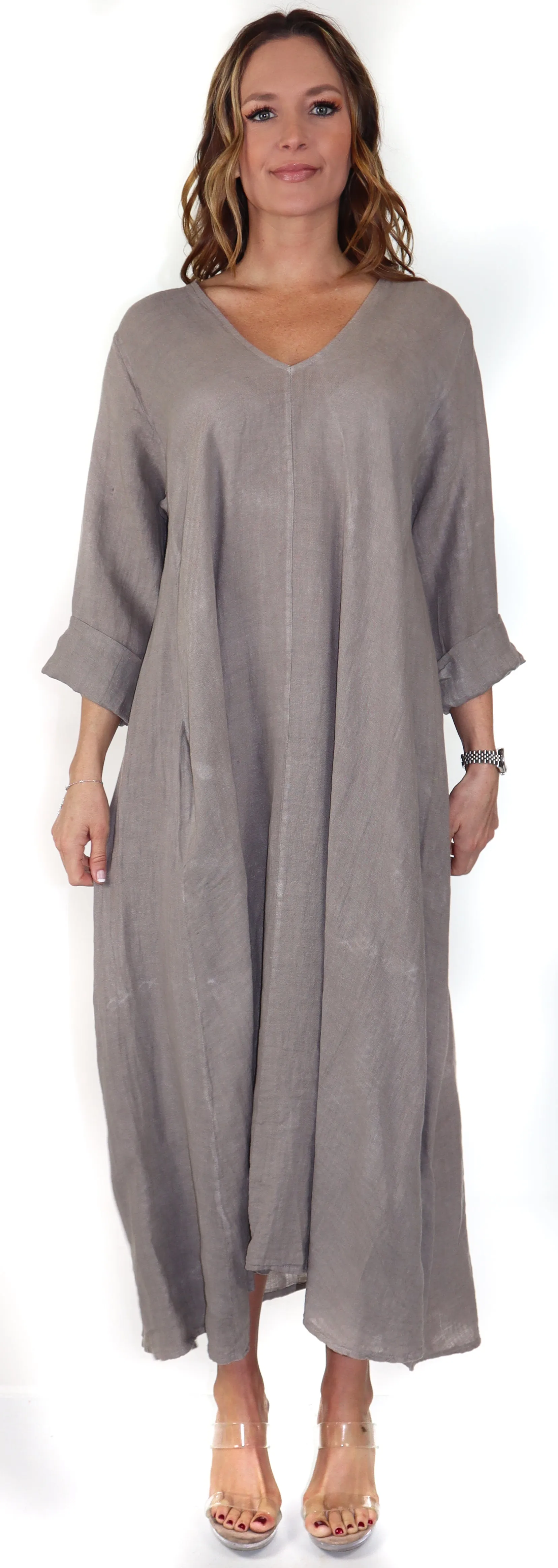 Women's Denim Linen Swing Maxi Dress, Loose Fitting, Made in Italy | Regular and Plus Sizes
