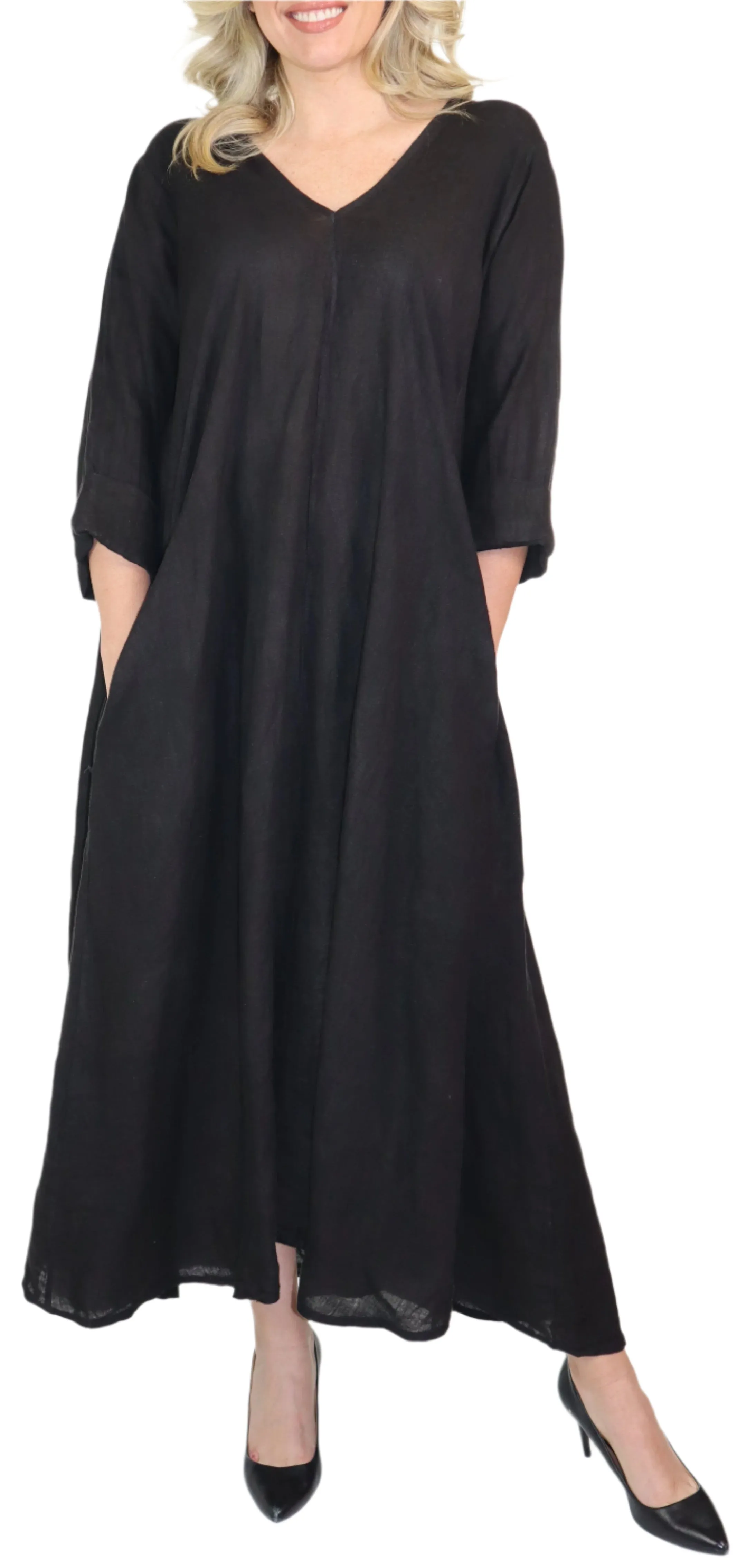 Women's Denim Linen Swing Maxi Dress, Loose Fitting, Made in Italy | Regular and Plus Sizes