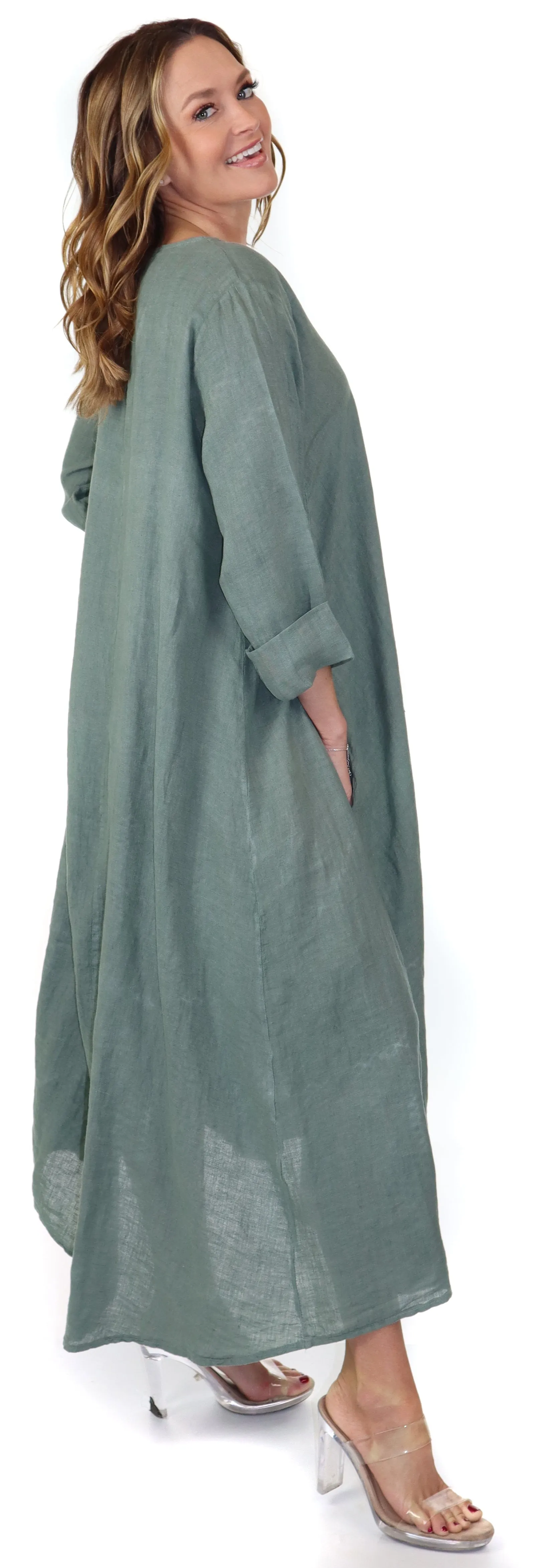 Women's Denim Linen Swing Maxi Dress, Loose Fitting, Made in Italy | Regular and Plus Sizes