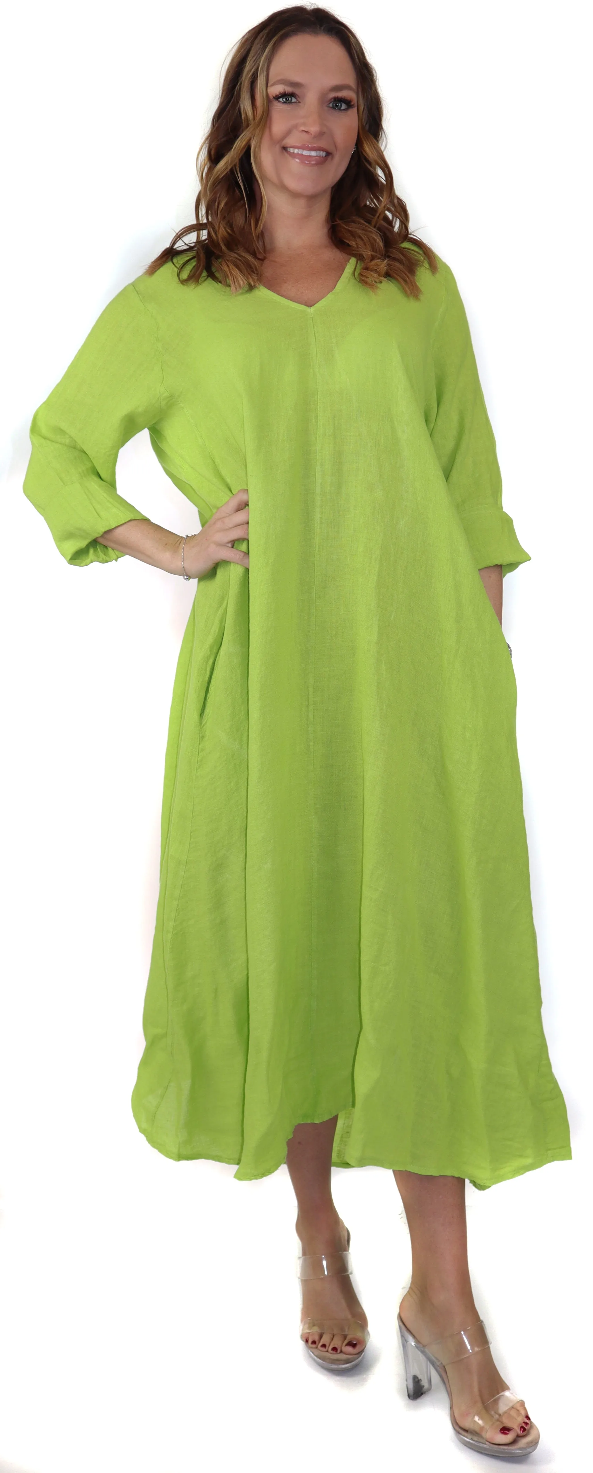 Women's Denim Linen Swing Maxi Dress, Loose Fitting, Made in Italy | Regular and Plus Sizes