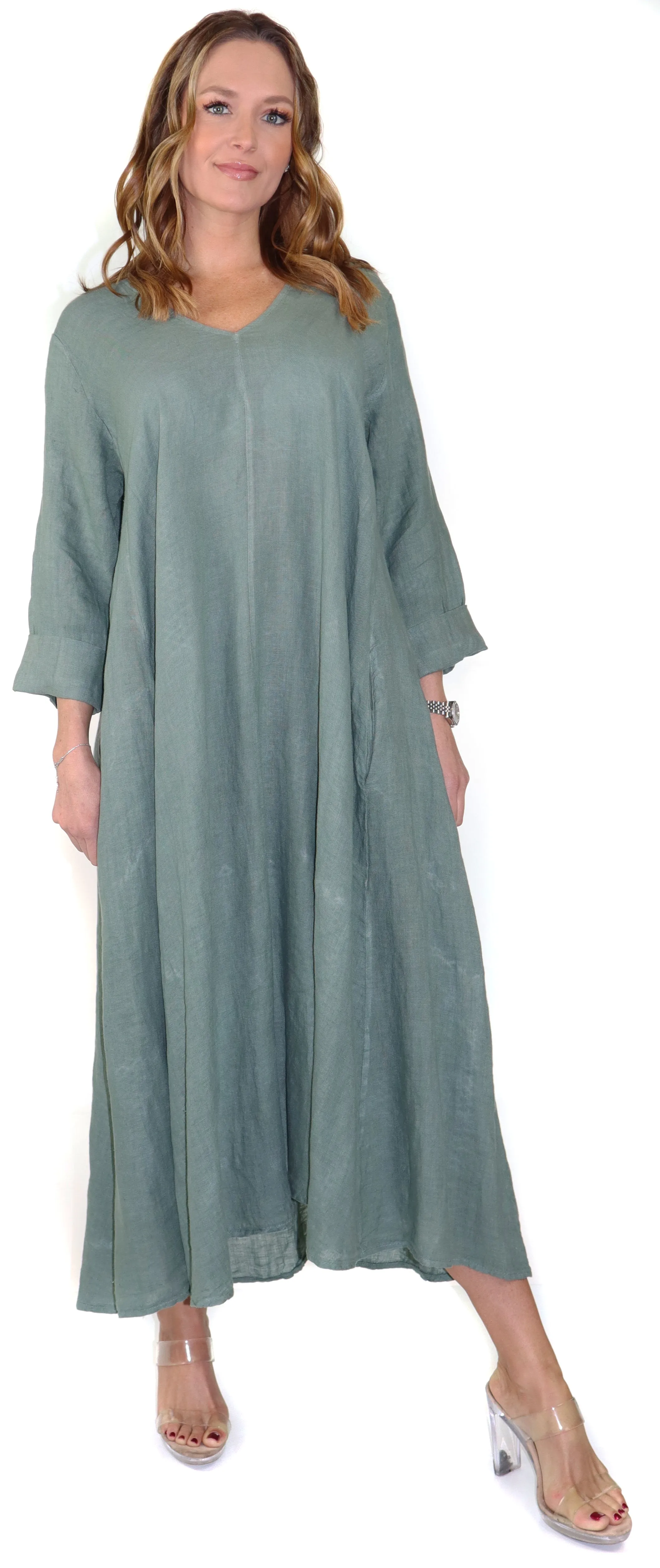 Women's Denim Linen Swing Maxi Dress, Loose Fitting, Made in Italy | Regular and Plus Sizes