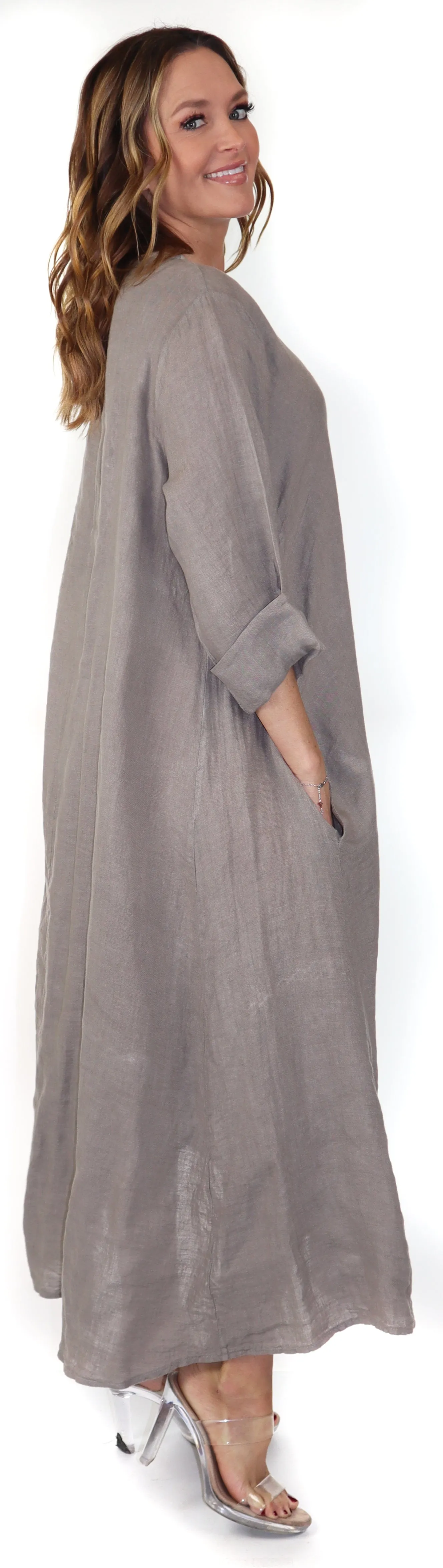 Women's Denim Linen Swing Maxi Dress, Loose Fitting, Made in Italy | Regular and Plus Sizes