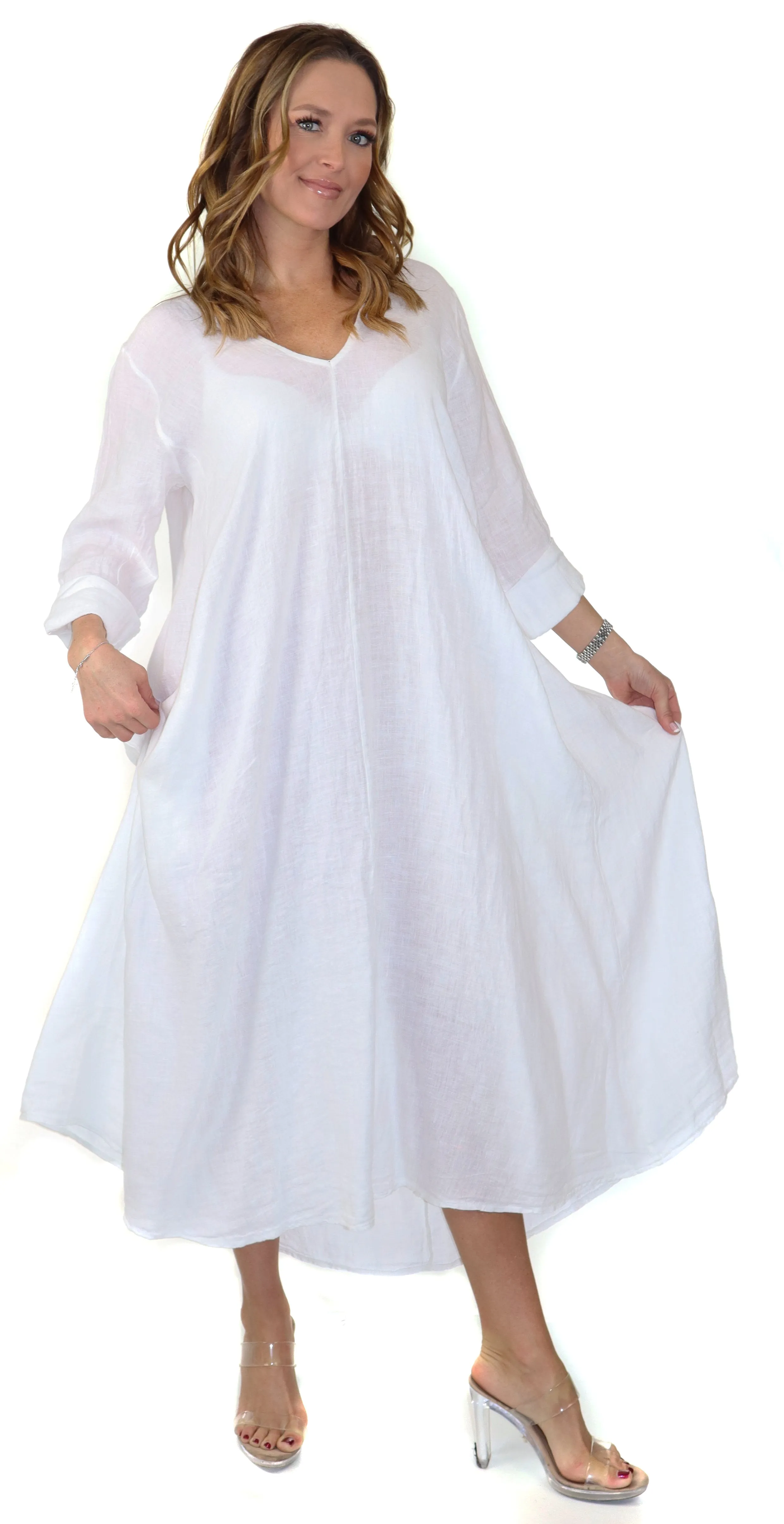 Women's Denim Linen Swing Maxi Dress, Loose Fitting, Made in Italy | Regular and Plus Sizes