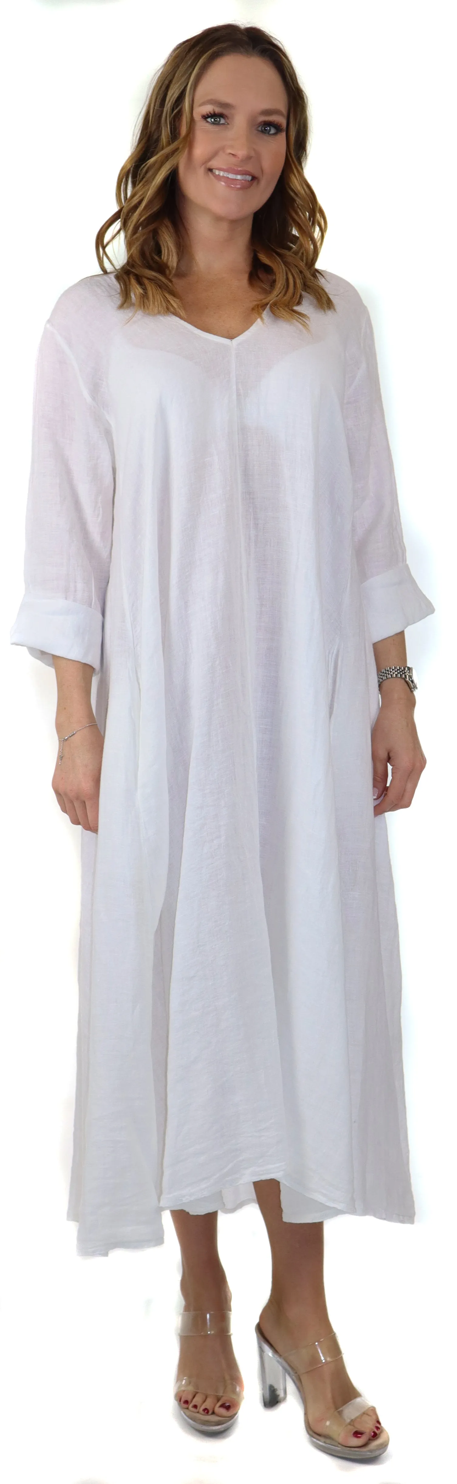 Women's Denim Linen Swing Maxi Dress, Loose Fitting, Made in Italy | Regular and Plus Sizes