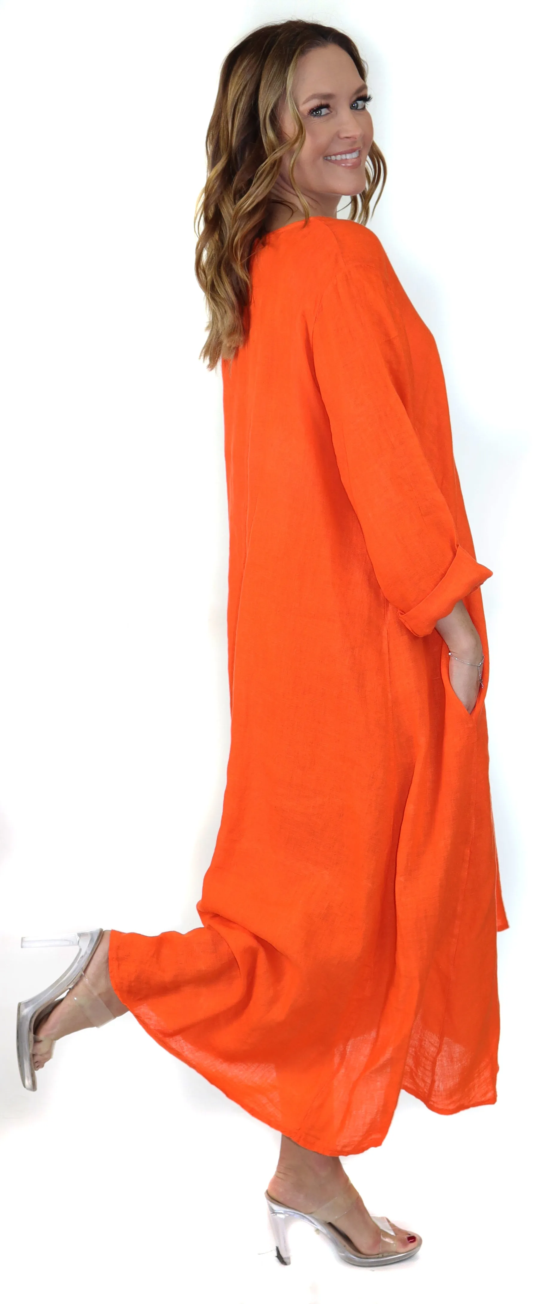 Women's Denim Linen Swing Maxi Dress, Loose Fitting, Made in Italy | Regular and Plus Sizes