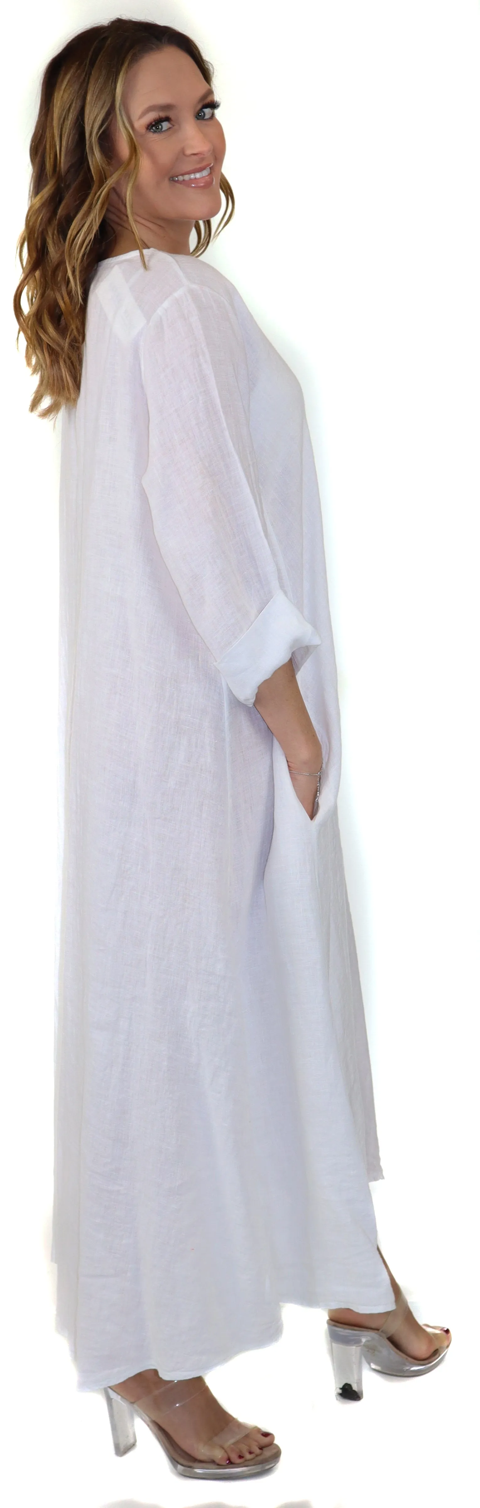 Women's Denim Linen Swing Maxi Dress, Loose Fitting, Made in Italy | Regular and Plus Sizes