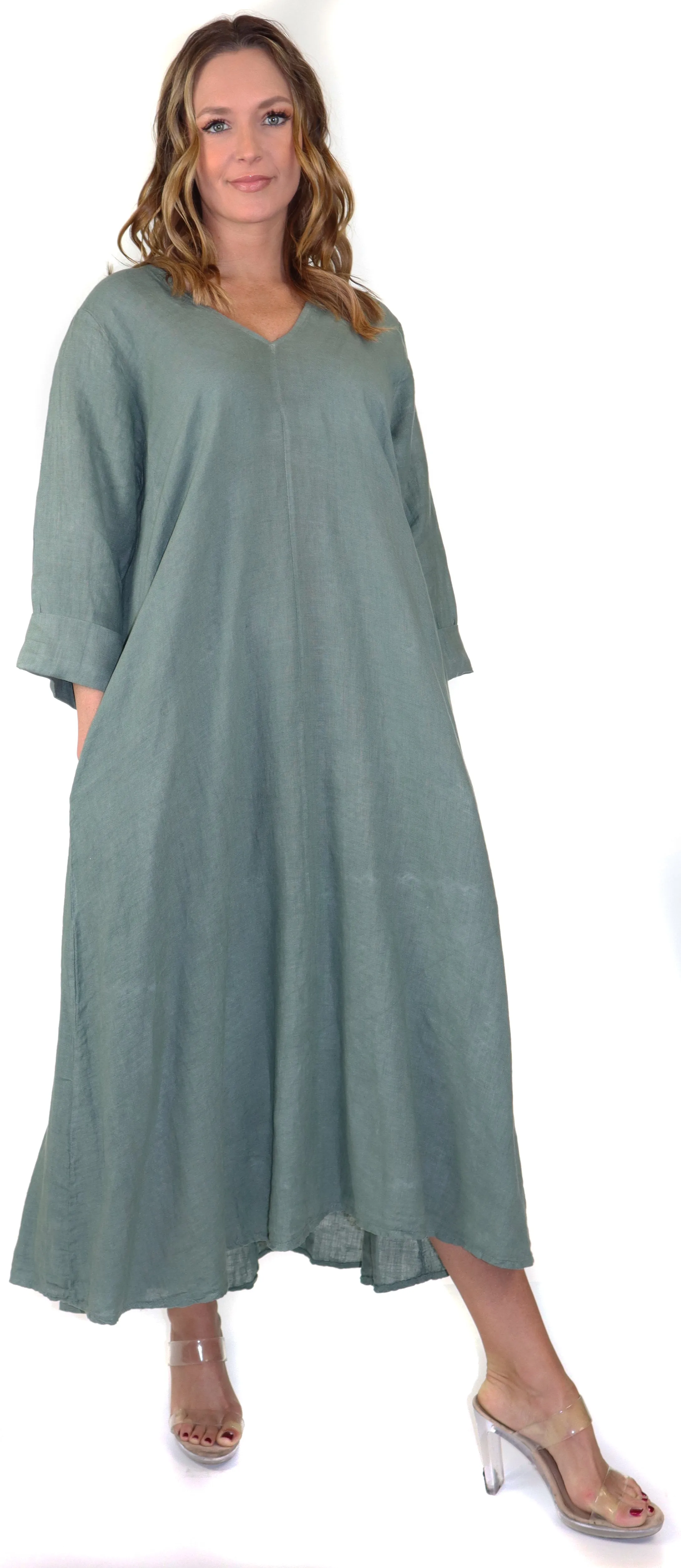 Women's Denim Linen Swing Maxi Dress, Loose Fitting, Made in Italy | Regular and Plus Sizes