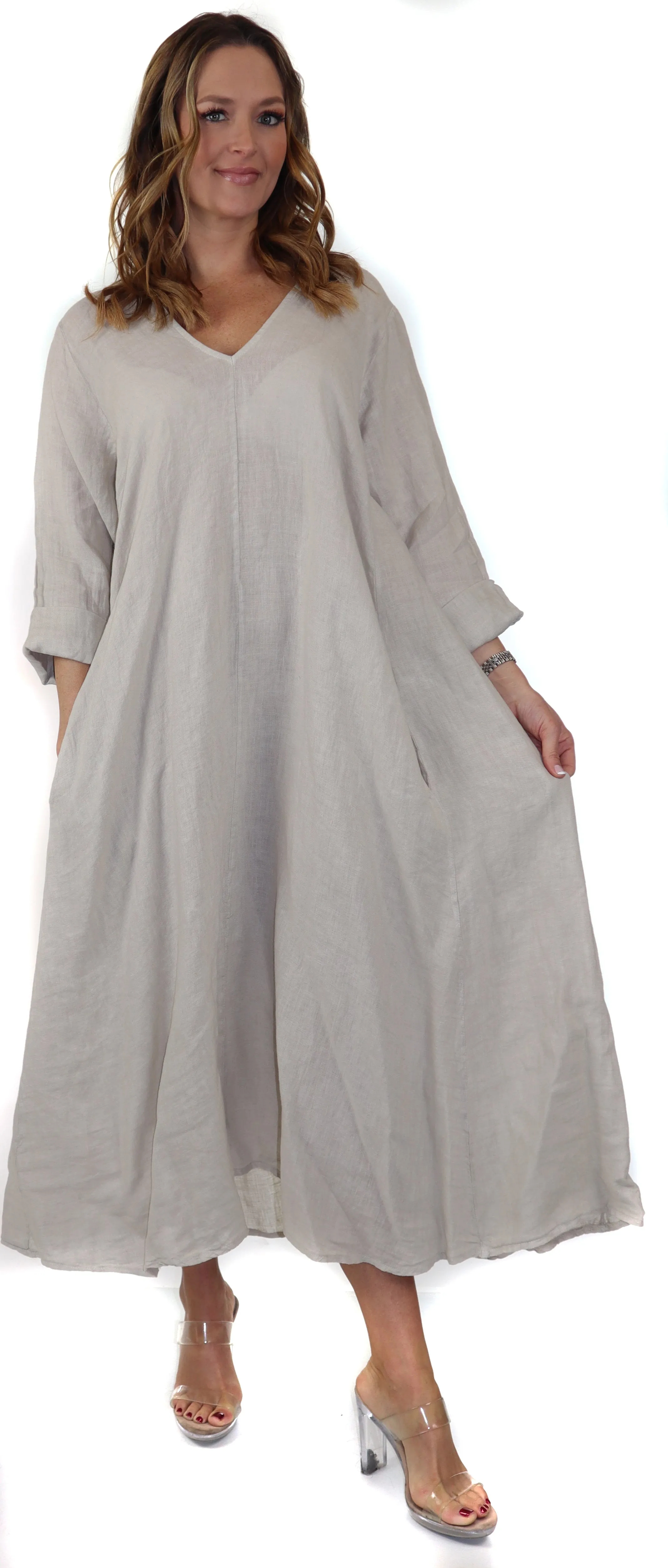 Women's Denim Linen Swing Maxi Dress, Loose Fitting, Made in Italy | Regular and Plus Sizes