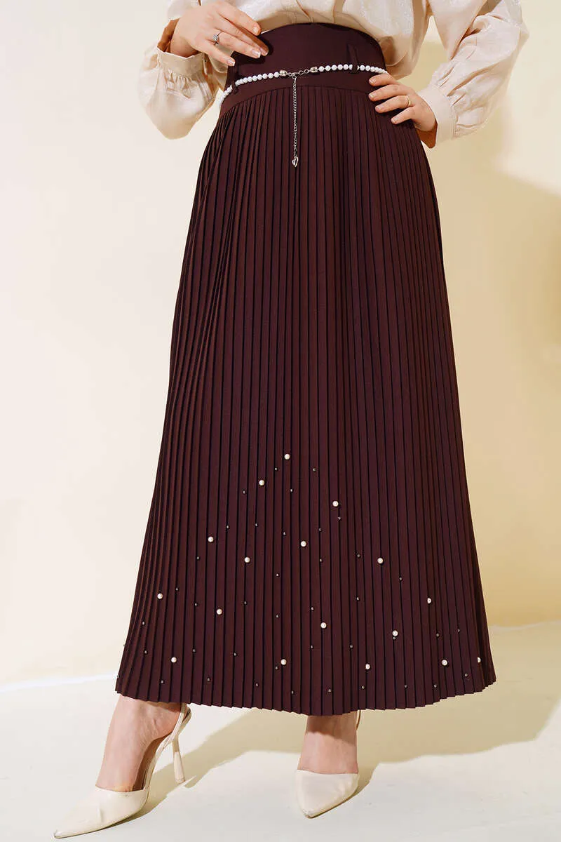 Women's Pearl Belt Pleated Skirt - Brown