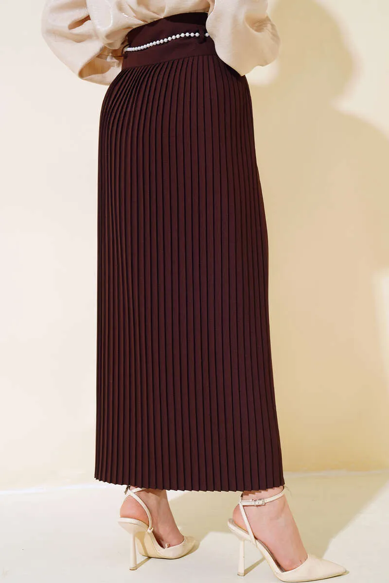 Women's Pearl Belt Pleated Skirt - Brown