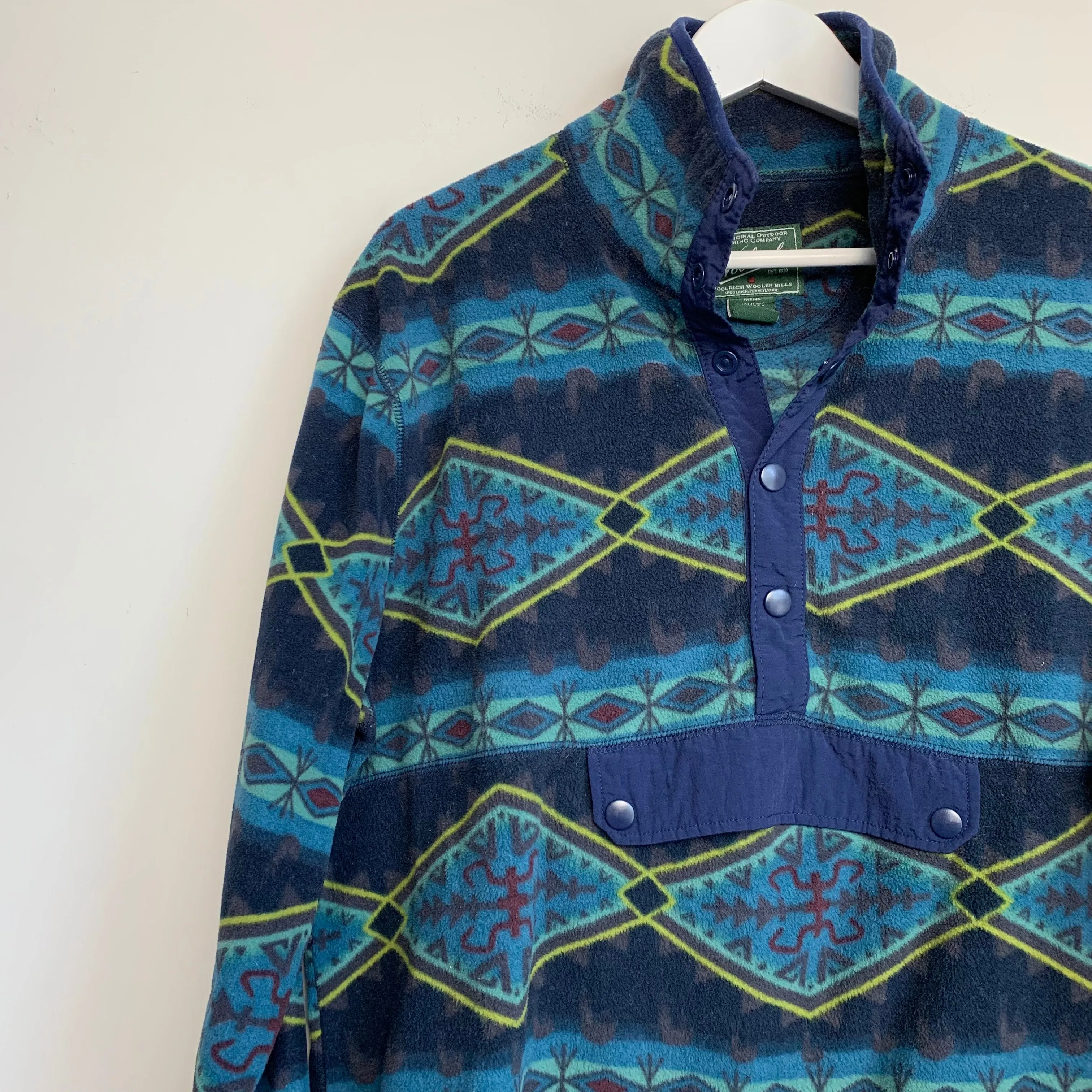 Woolrich Snap Fleece Pullover Sweatshirt Large Aztec Southwest Blue