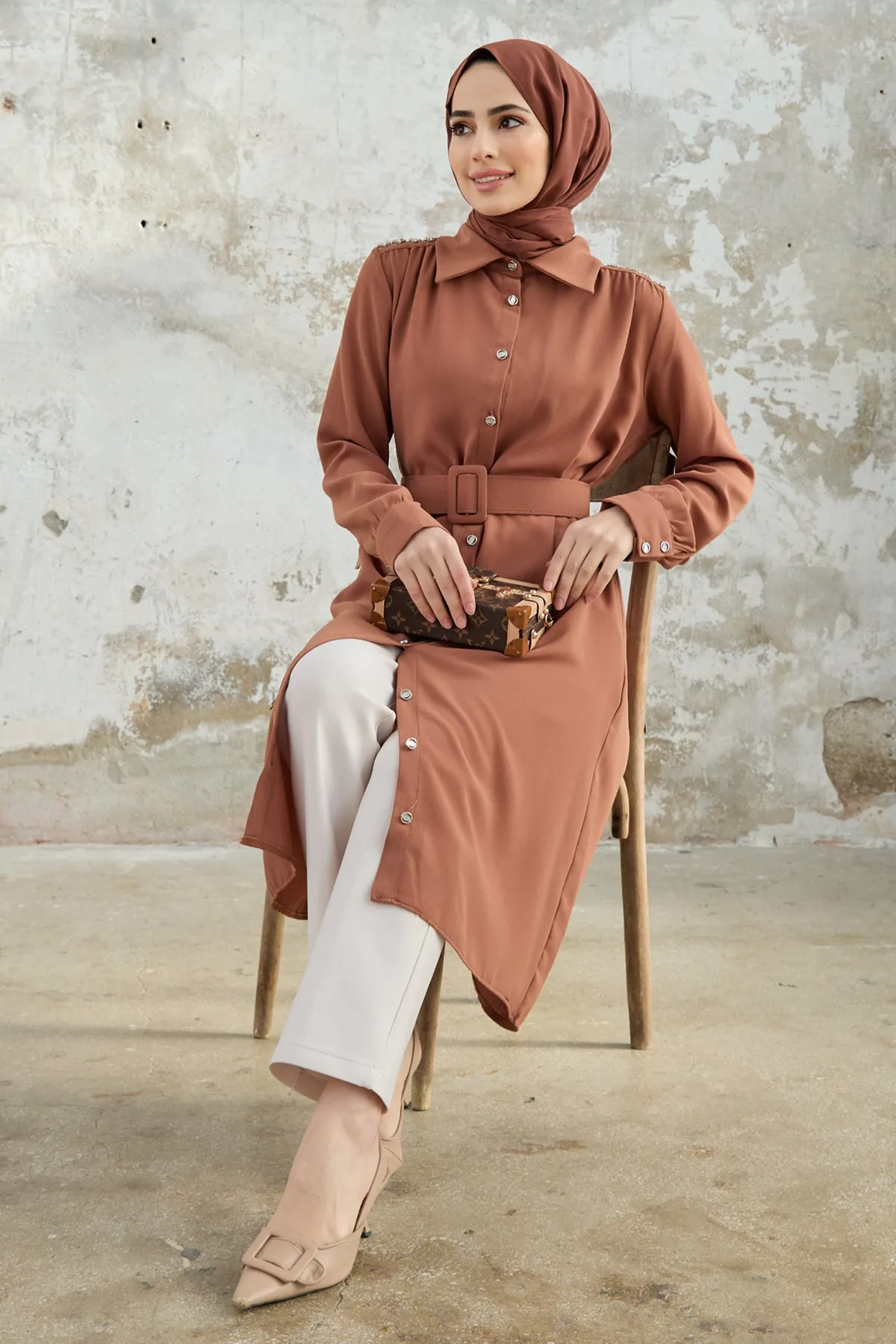 ZRF Women Belted Shoulder Stone Tunic - Camel - Durham