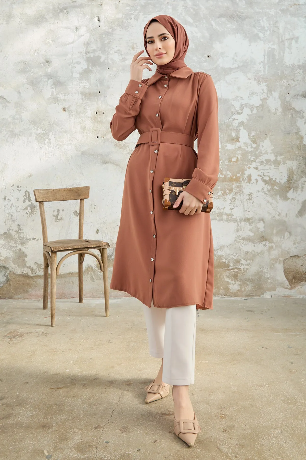 ZRF Women Belted Shoulder Stone Tunic - Camel - Durham